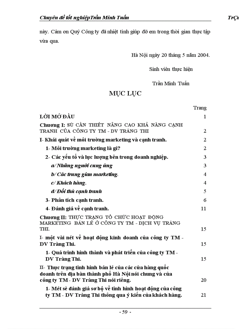 image for page Một số giải pháp marketing nhằm hoàn thiện và nâng cao mức độ thỏa mãn khách hàng của Công ty TM DV Tràng Thi 1