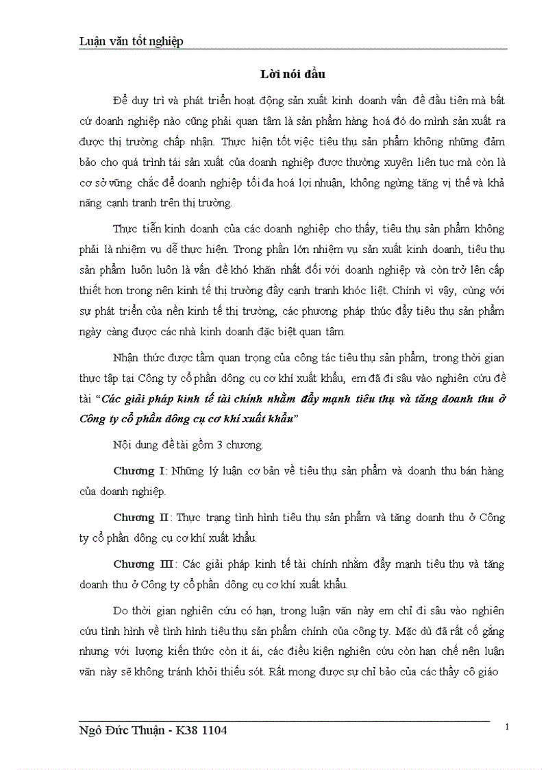 Các giải pháp kinh tế tài chính nhằm đẩy mạnh tiêu thụ và tăng doanh thu ở Công ty cổ phần dụng cụ cơ khí xuất khẩu 1