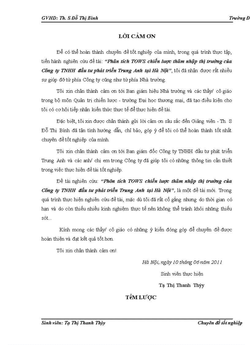 image for page Phân tích TOWS chiến lược thâm nhập thị trường của Công ty TNHH đầu tư phát triển Trung Anh tại Hà Nội