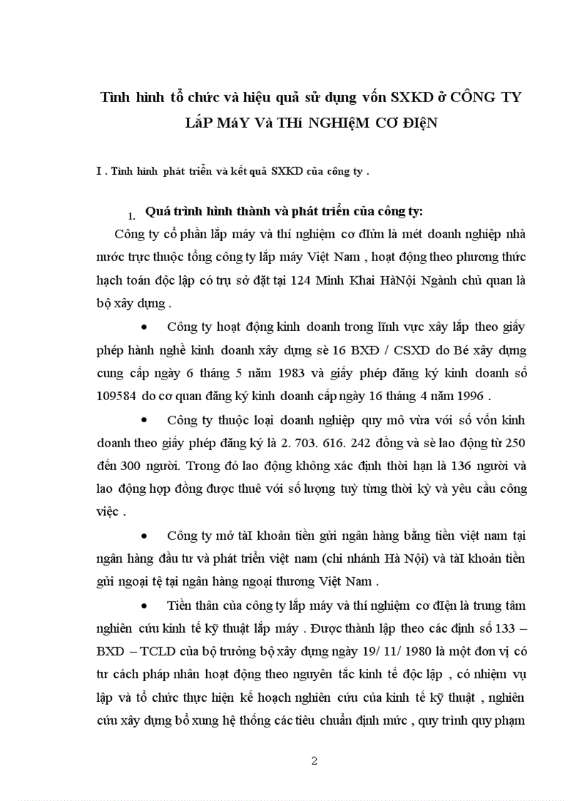 Tình hình tổ chức và hiệu quả sử dụng vốn SXKD ở CÔNG TY LắP MáY Và THí NGHIệM CƠ ĐIệN