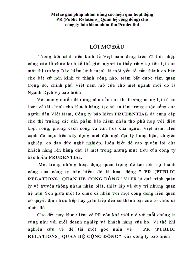 Một số giải pháp nhằm nâng cao hiệu quả hoạt động PR Public Relations Quan hệ cộng đồng cho ng ty bảo hiểm nhân thọ Prudential