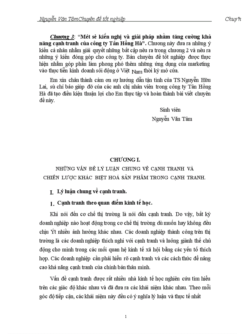 Thị trường và Giải pháp cạnh tranh bằng chiến lược khác biệt hoá sản phẩm của Công ty Tân Hồng Hà 1