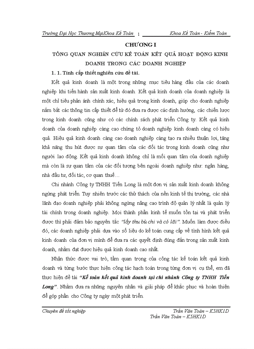 Kế toán kết quả kinh doanh tại chi nhánh công ty TNHH Tiến Long 1