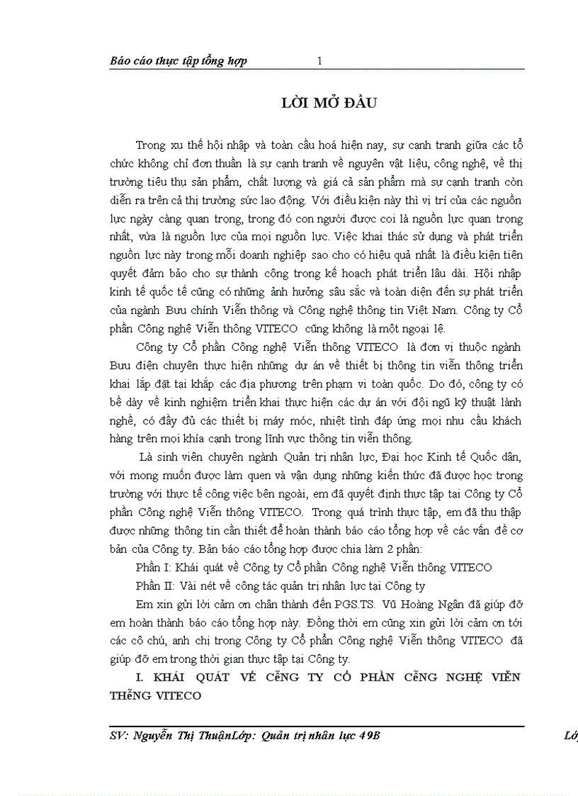 Báo cáo thực tập tổng hợp về Công ty Cổ phần Công nghệ Viễn thông VITECO