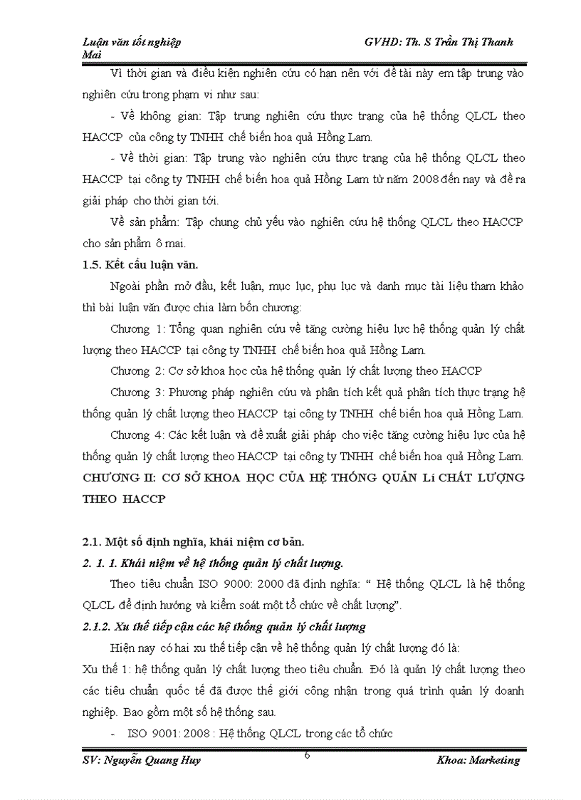 Tăng cường hiệu lực hệ thống quản lý chất lượng theo HACCP tại công ty TNHH chế biến hoa quả Hồng Lam