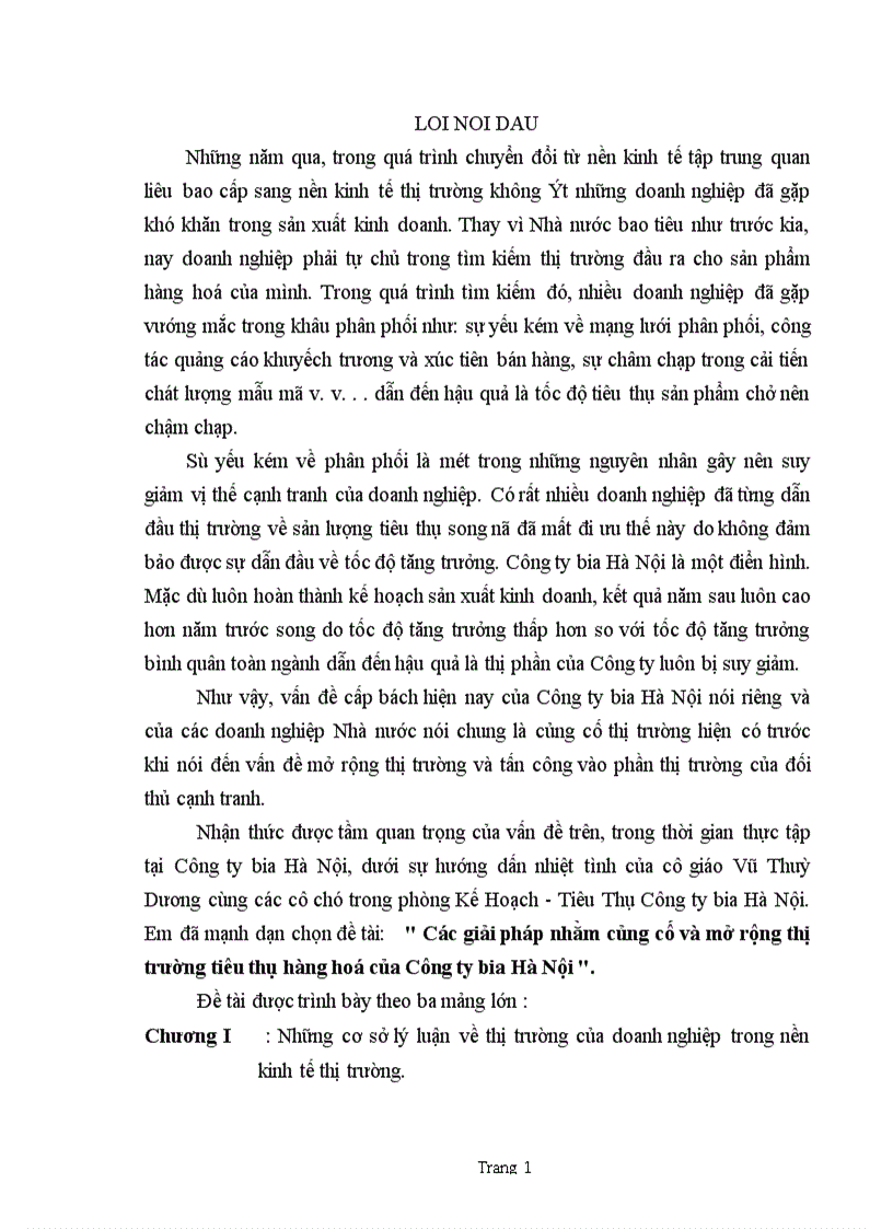 Các giải pháp nhằm củng cố và mở rộng thị trường tiêu thụ hàng hoá của Công ty bia Hà Nội 1