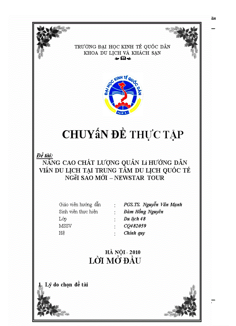 nâng cao chất lượng quản lý hướng dẫn viên du lịch tại trung tâm du lịch quốc tế ngôi sao mới newstar tour hà nội 2010