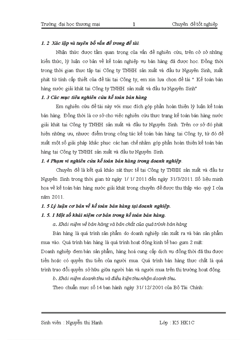 hoàn thiện công tác kế toán bán hàng tại Công ty TNHH sản xuất và đầu tư Nguyên Sinh