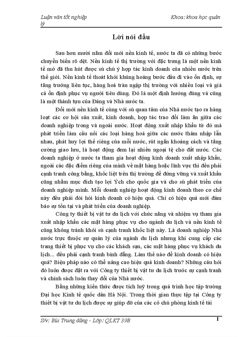 Một số biện pháp góp phần nâng cao hiệu quả kinh doanh xuất nhập khẩu tại Công ty thiết bị vật tư du lịch