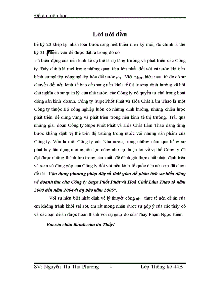 Vận dụng phương pháp dãy số thời gian để phân tích sự biến động về doanh thu của Công ty Supe Phốt Phát và Hoá Chất Lâm Thao từ năm 2000 đến năm 2004và dự báo năm 2005