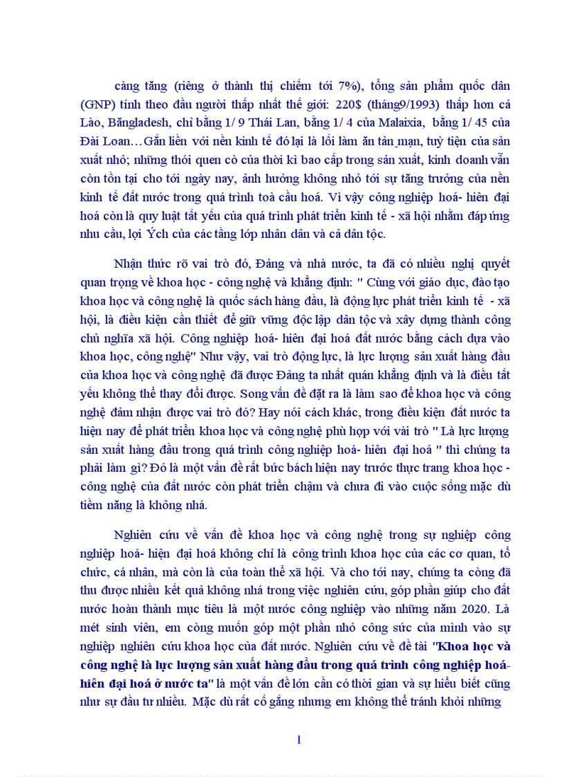Khoa học và công nghệ là lực lượng sản xuất hàng đầu trong quá trình công nghiệp hoá hiên đại hoá ở nước ta 1