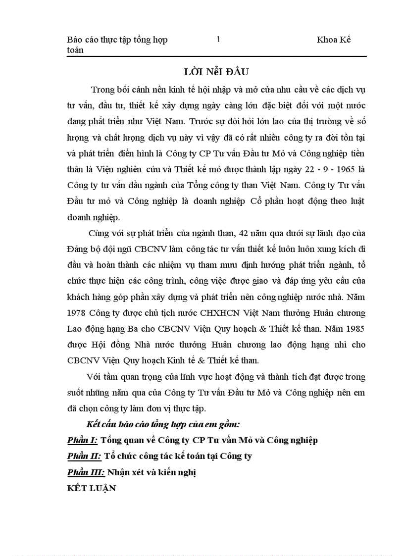 image for page Báo cáo thực tập tổng hợp của công ty CP Tư vấn Mỏ và Công nghiệp