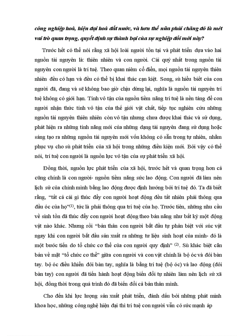 Vai trò của con người trong quá trình công nghiệp hoá hiện đại hóa đất nứơc