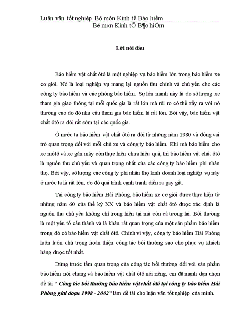 Công tác bồi thường bảo hiểm vật chất ôtô tại công ty bảo hiểm Hải Phòng giai đoạn 1998 2002 1
