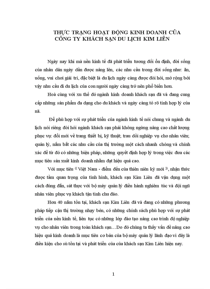 Thực trạng hoạt động kinh doanh của Công ty du lịch khách sạn Kim Liên 1