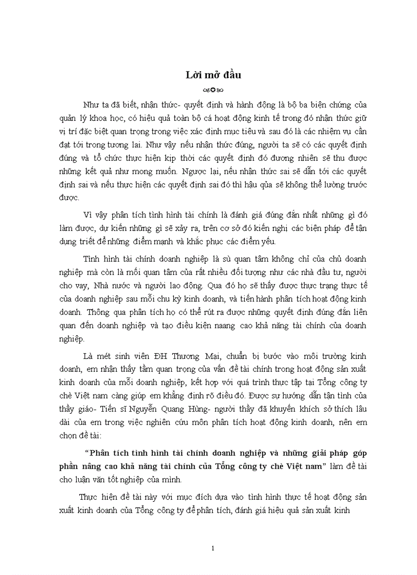 Phân tích tình hình tài chính doanh nghiệp và những giải pháp góp phần nâng cao khả năng tài chính của Tổng công ty chè Việt nam 1