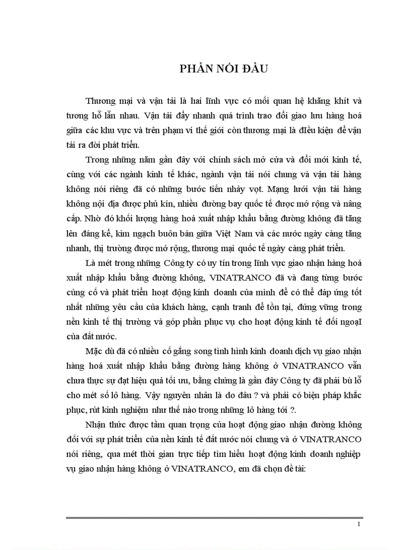 Một số giảI pháp nhằm đẩy mạnh nghiệp vụ giao nhận vận chuyển hàng hoá xuất nhập khẩu bằng đừòng hàng không ở Công ty VINATRANCO 1