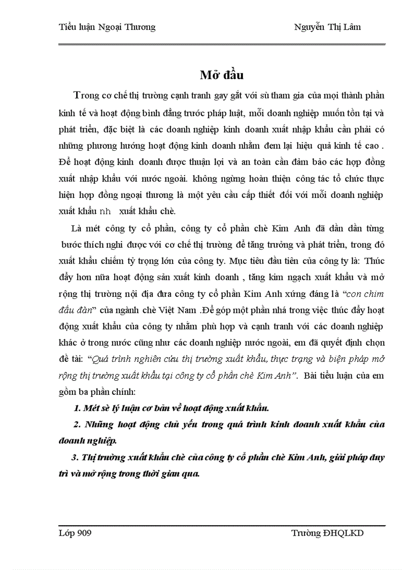 Quá trình nghiên cứu thị trường xuất khẩu thực trạng và biện pháp mở rộng thị trường xuất khẩu tại công ty cổ phần chè Kim Anh