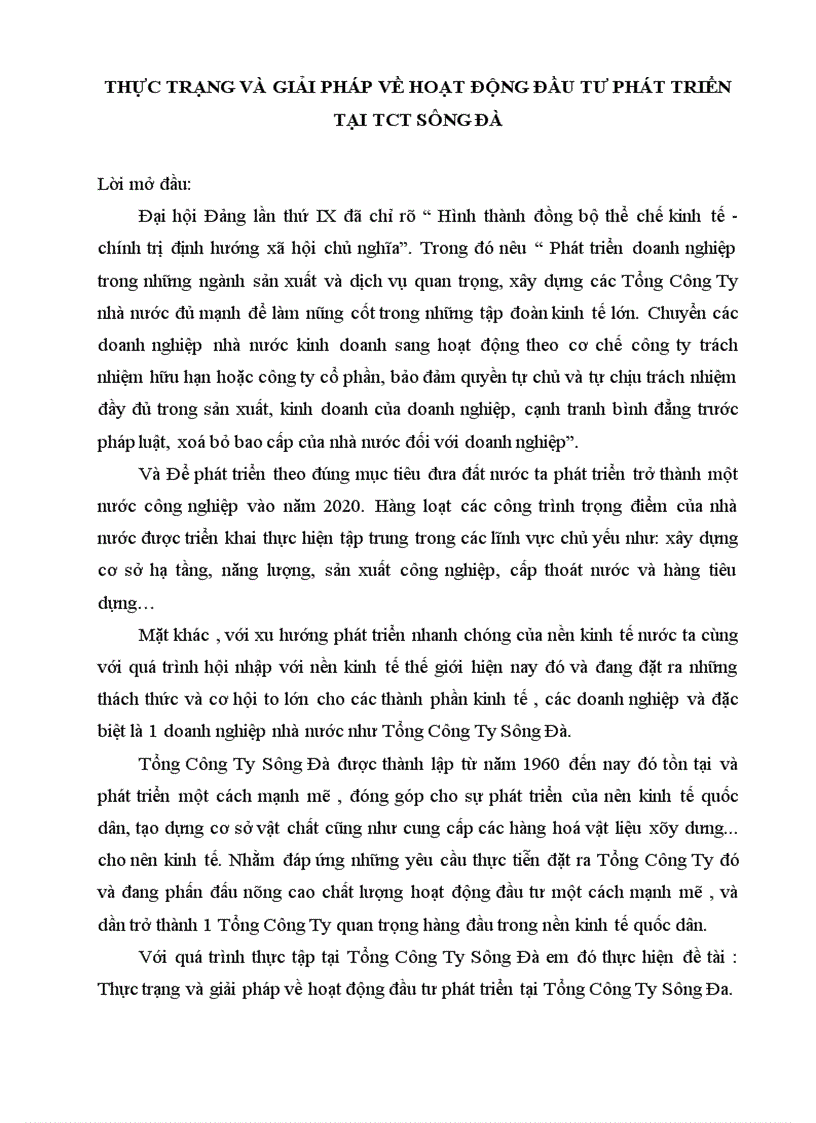 Thực trạng và giải pháp về hoạt động đầu tư phát triển tại Tổng Công Ty Sông Đa