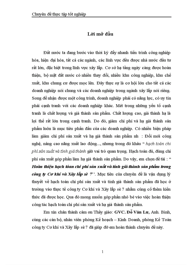 Hoàn thiện hạch tóan chi phí sản xuất và tính giá thành sản phẩm trong công ty Cơ khí và Xây lắp số 7 1