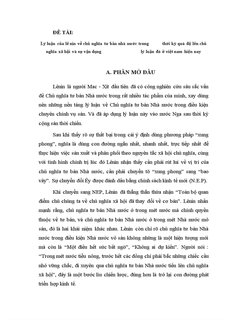 Lý luận của lê nin về chủ nghĩa tư bản nhà nước trong thời kỳ quá độ lên chủ nghĩa xã hội và sự vận dụng lý luận đó ở việt nam hiện nay 1