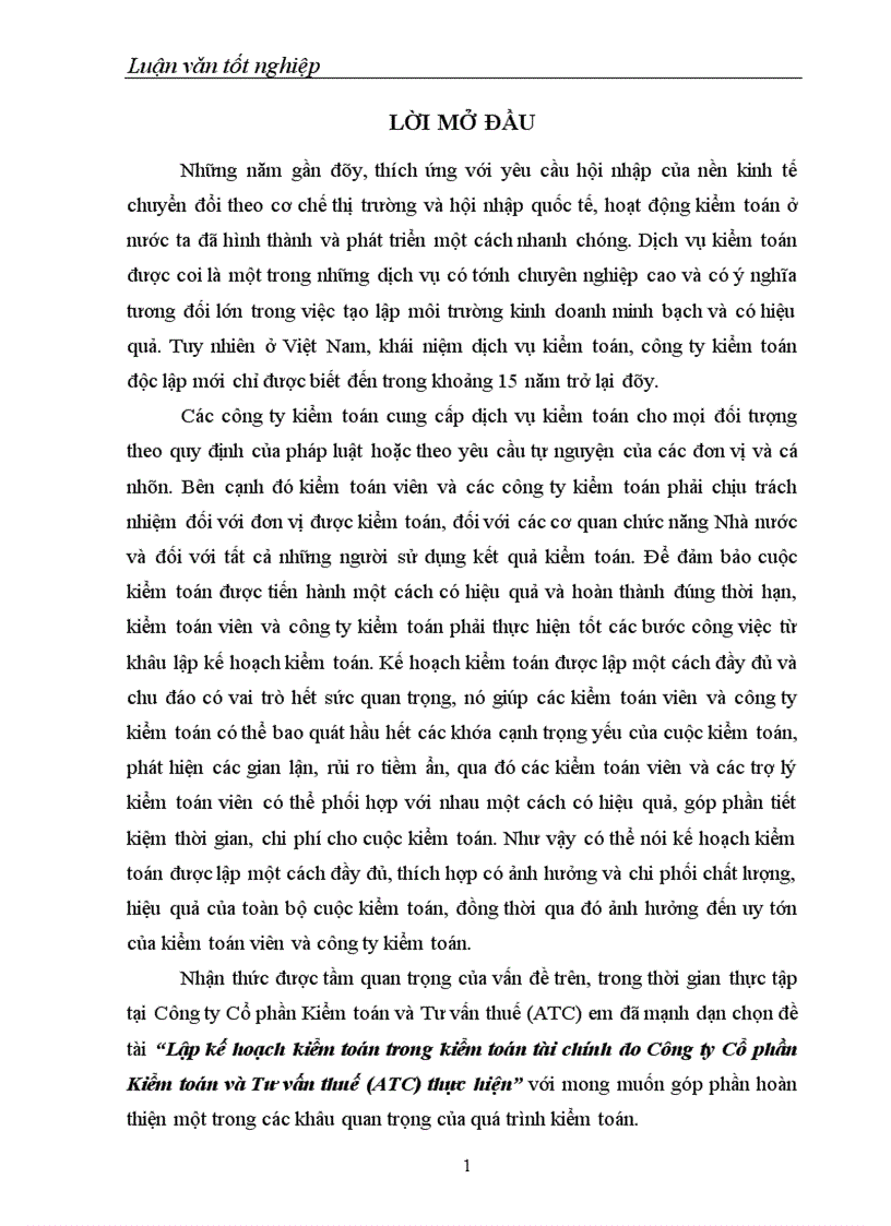 image for page Lập kế hoạch kiểm toán trong kiểm toán tài chính do Công ty Cổ phần Kiểm toán và Tư vấn thuế ATC thực hiện 1