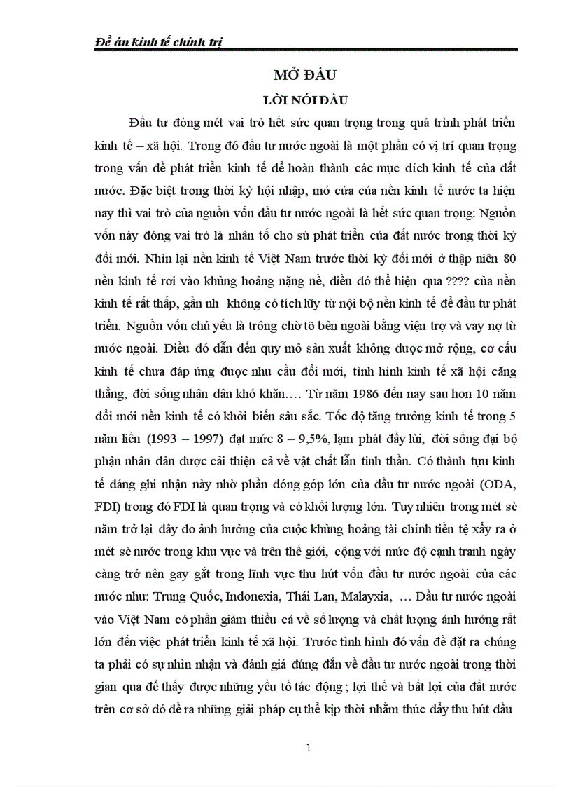 Thực trạng và giải pháp để huy động và sử dụng có hiệu quả nguồn đầu tư của nước ngoài vào nước ta 1