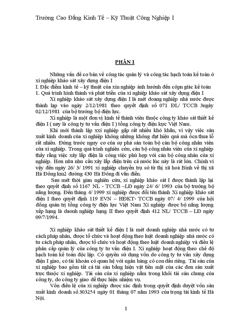 công tác kế toán ở xí nghiệp khảo sát xây dựng điện I