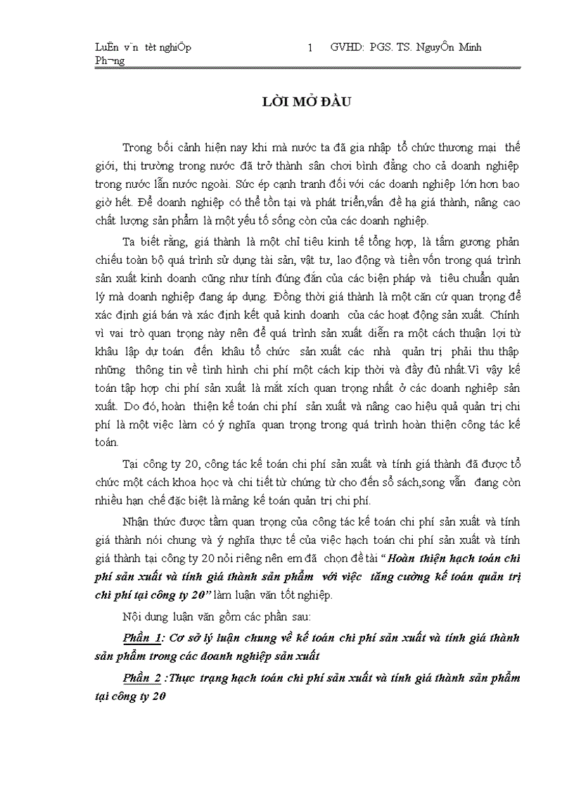 Hoàn thiện hạch toán chi phí sản xuất và tính giá thành sản phẩm với việc tăng cường kế toán quản trị chi phí tại công ty 20 1
