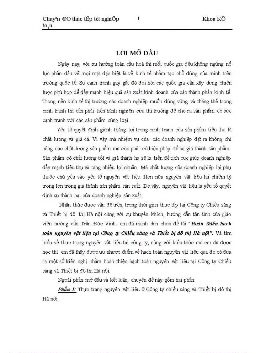 Hoàn thiện hạch toán nguyên vật liệu tại Công ty Chiếu sáng và Thiết bị đô thị Hà nội 1