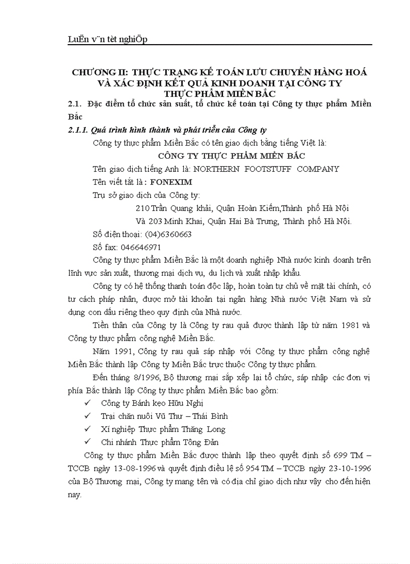 image for page Hoàn thiện kế toán lưu chuyển hàng hoá và xác định kết quả kinh doanh tại Công ty thực phẩm Miền Bắc 1