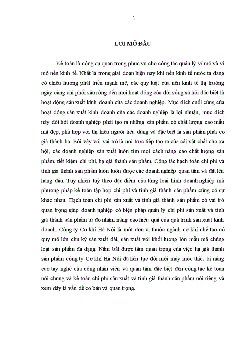 Hoàn thiện hạch toán chi phí sản xuất và tính giá thành sản phẩm tại công ty TNHH Nhà nước một thành viên Cơ khí Hà Nội 1