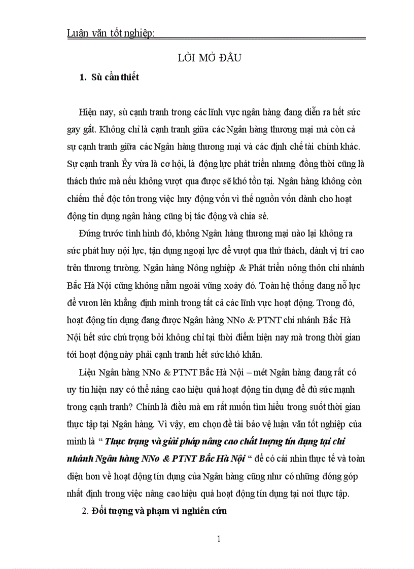 Thực trạng và giải pháp nâng cao chất lượng tín dụng tại chi nhánh Ngân hàng NNo PTNT Bắc Hà Nội