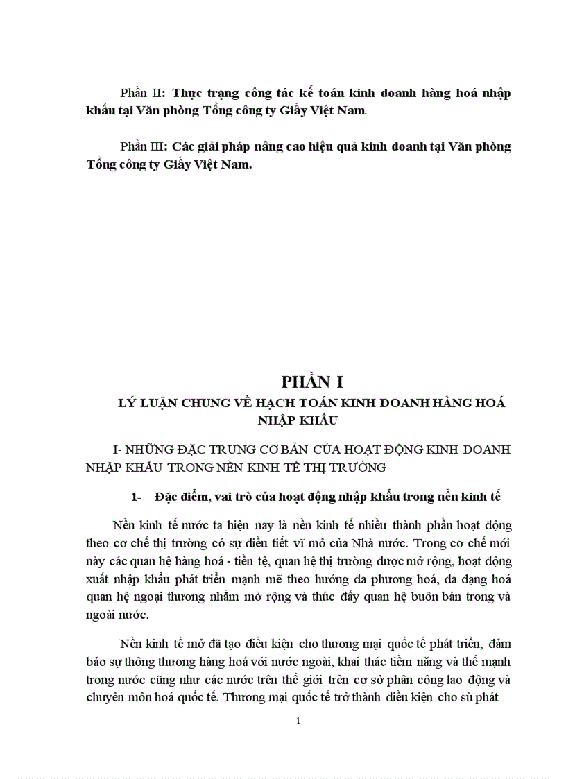 Hoàn thiện công tác kế toán kinh doanh hàng hoá nhập khẩu với việc nâng cao hiệu quả kinh doanh tại Văn phòng Tổng công ty Giấy Việt Nam 1