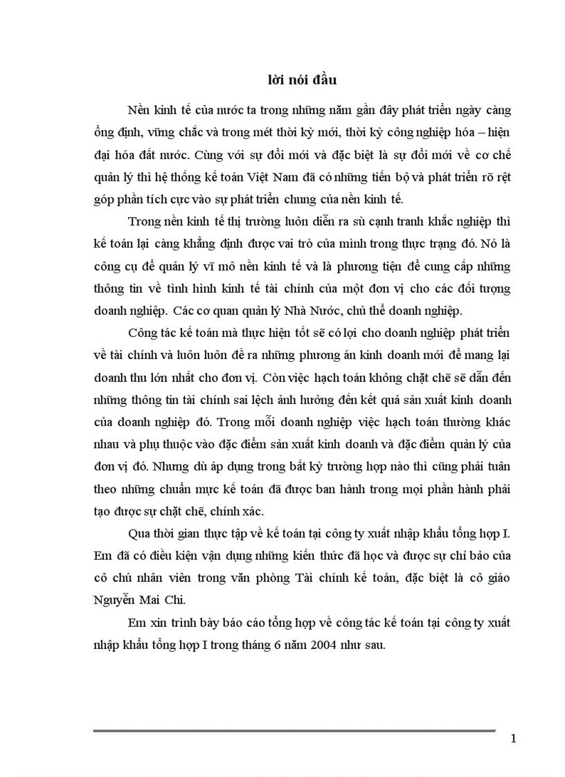 báo cáo tổng hợp về công tác kế toán tại công ty xuất nhập khẩu tổng hợp I trong tháng 6 năm 2004