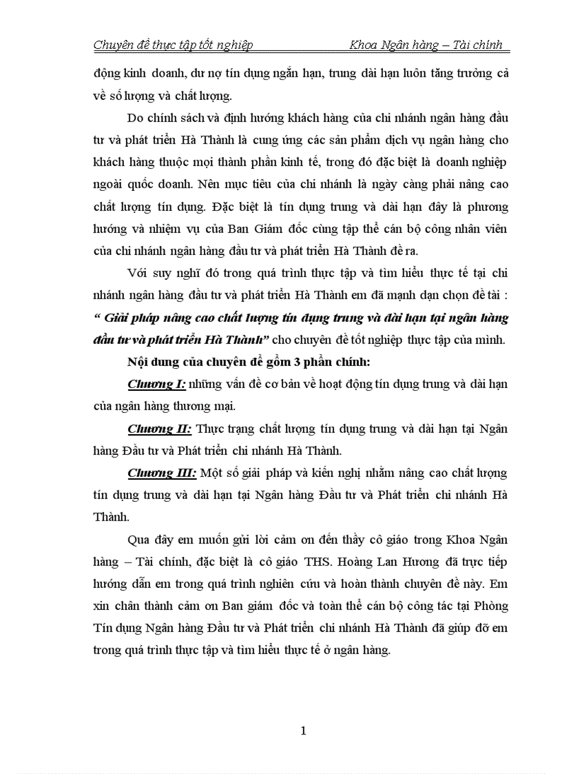 Giải pháp nâng cao chất lượng tín dụng trung và dài hạn tại ngân hàng đầu tư và phát triển Hà Thành 1
