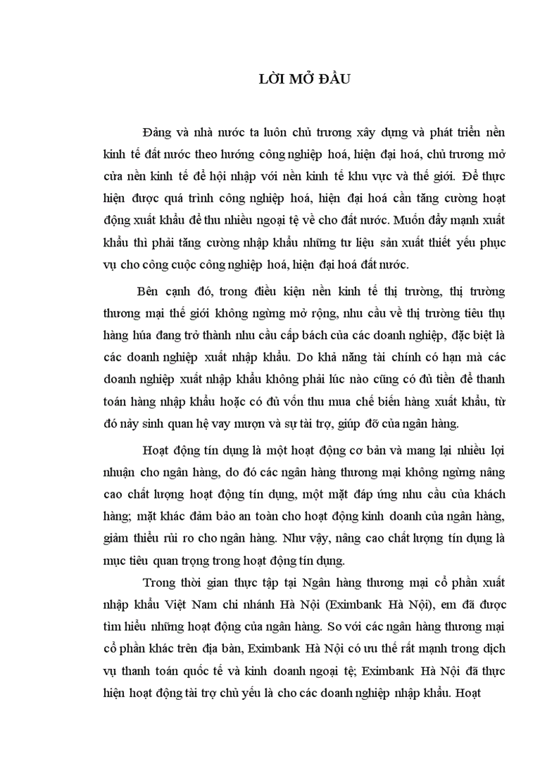 Nâng cao chất lượng hoạt động tín dụng nhập khẩu tại Ngân hàng thương mại cổ phần xuất nhập khẩu Việt Nam chi nhánh Hà Nội Eximbank Hà Nội