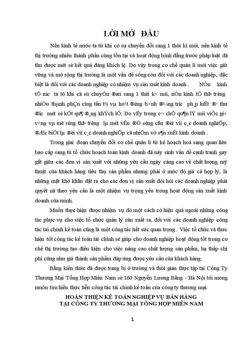 Hoàn thiện kế toán nghiệp vụ bán hàng hoá ở công ty thương mại tổng hợp miền nam chi nhánh Hà nội