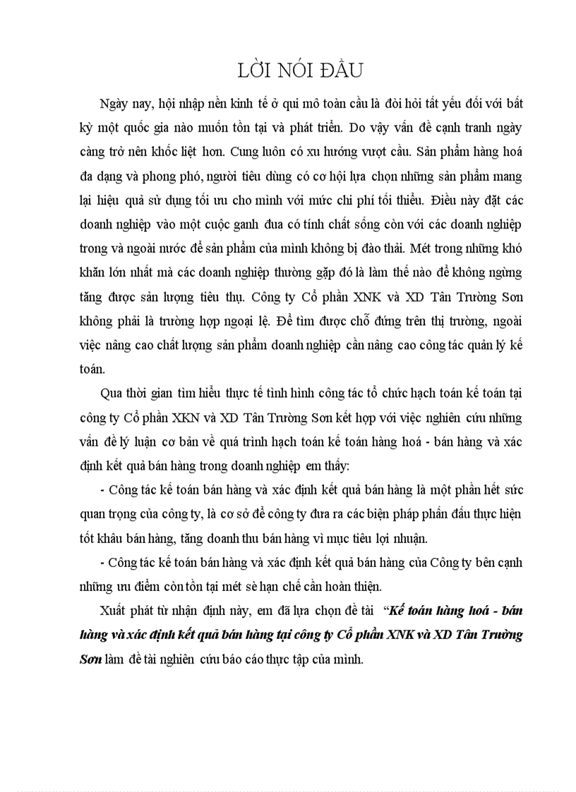 Kế toán hàng hoá bán hàng và xác định kết quả bán hàng tại công ty Cổ phần XNK và XD Tân Trường Sơn