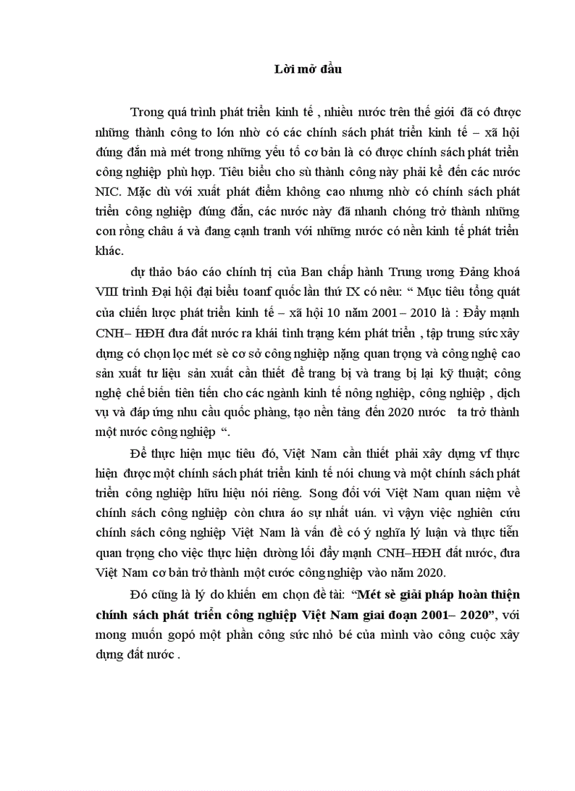 Một số giải pháp hoàn thiện chính sách phát triển công nghiệp Việt Nam giai đoạn 2001 2020