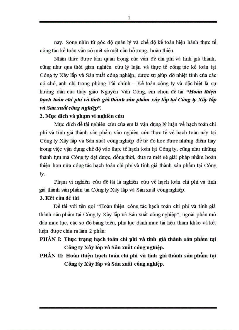 Hoàn thiện hạch toán chi phí và tính giá thành sản phẩm xây lắp tại Công ty Xây lắp và Sản xuất công nghiệp 1