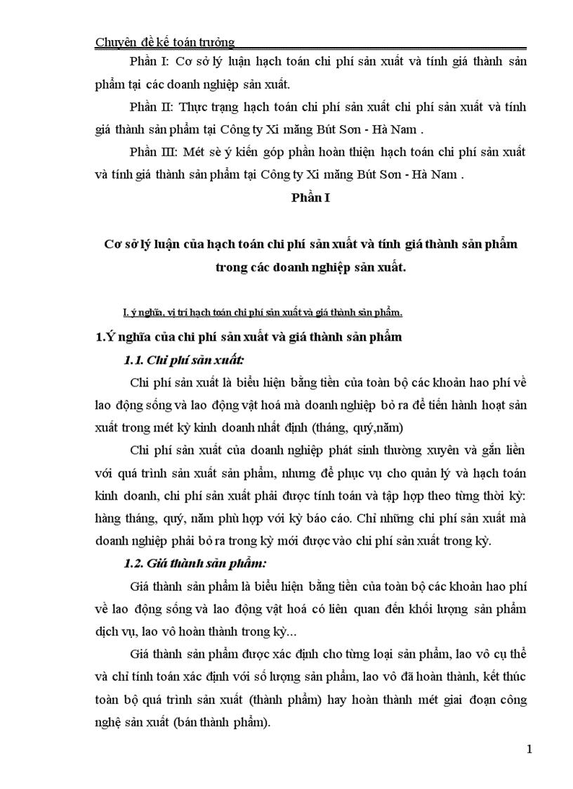 Hoàn thiện hạch toán chi phí sản xuất và tính giá thành sản phẩm tại Công ty Xi măng Bút Sơn Hà Nam 1