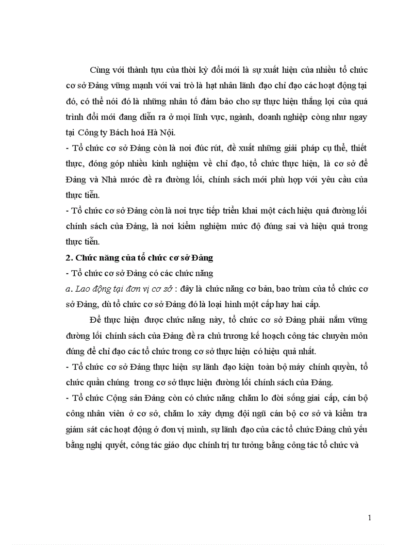 Thực trạng và giải pháp nâng cao năng lực lãnh đạo và sức chiến đấu của tổ chức cơ sở Đảng ở Công ty Bách hóa Hà Nội 1