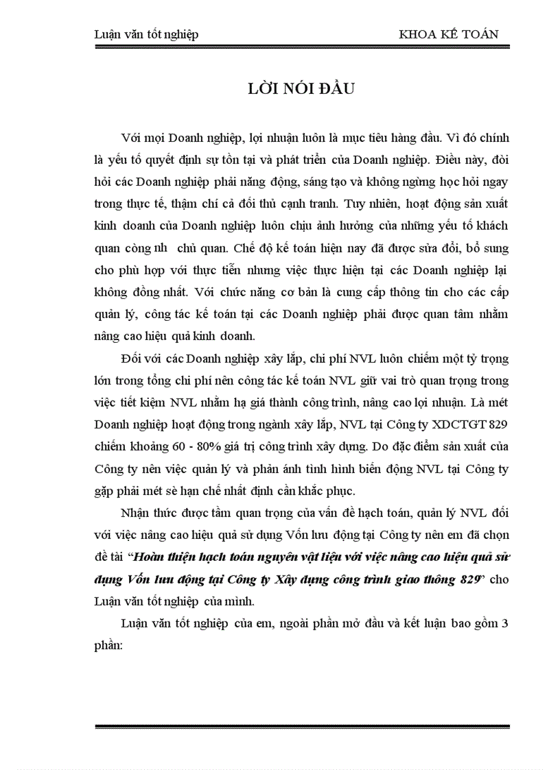 image for page Hoàn thiện hạch toán nguyên vật liệu với việc nâng cao hiệu quả sử dụng Vốn lưu động tại Công ty Xây dựng công trình giao thông 829 1