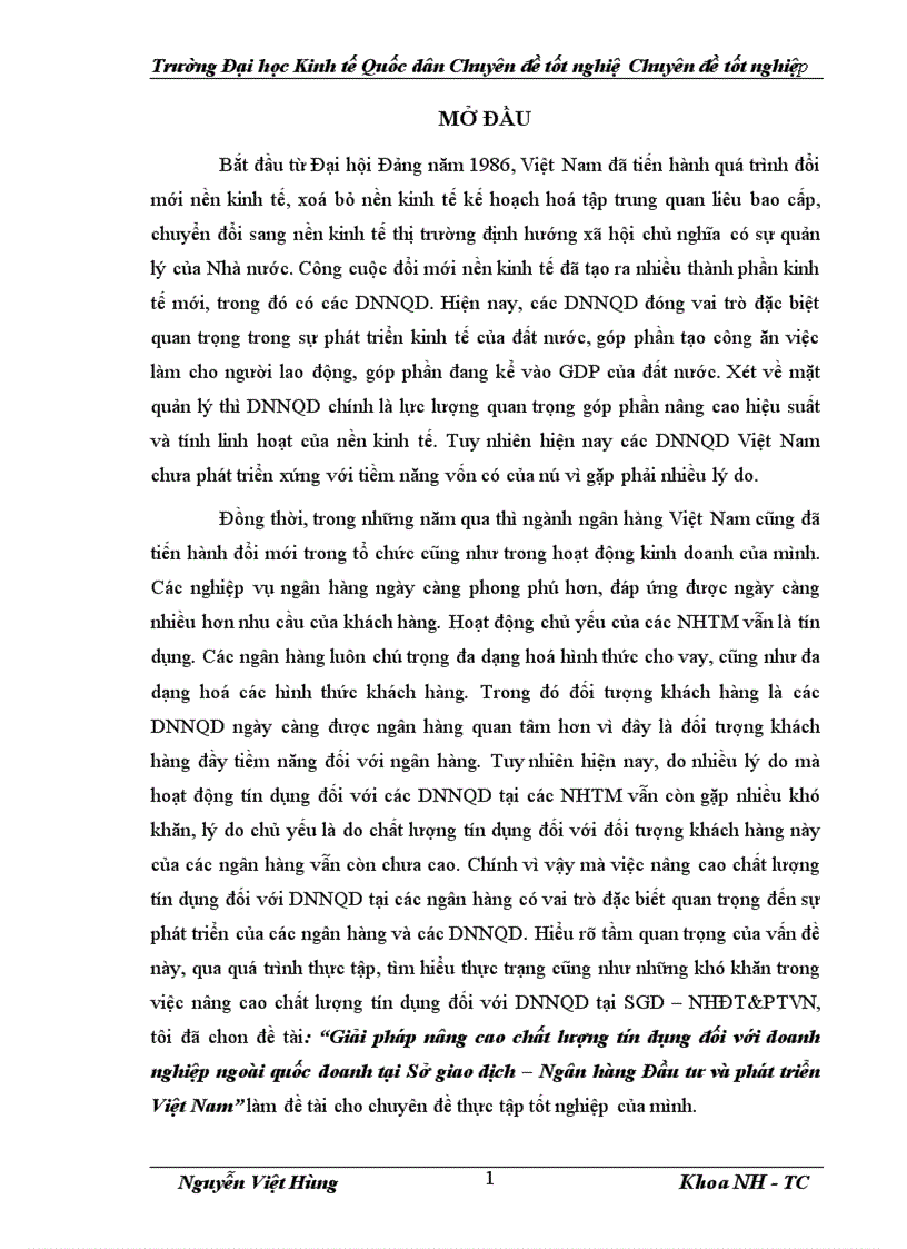 Giải pháp nâng cao chất lượng tín dụng đối với doanh nghiệp ngoài quốc doanh tại Sở giao dịch Ngân hàng Đầu tư và phát triển Việt Nam 1