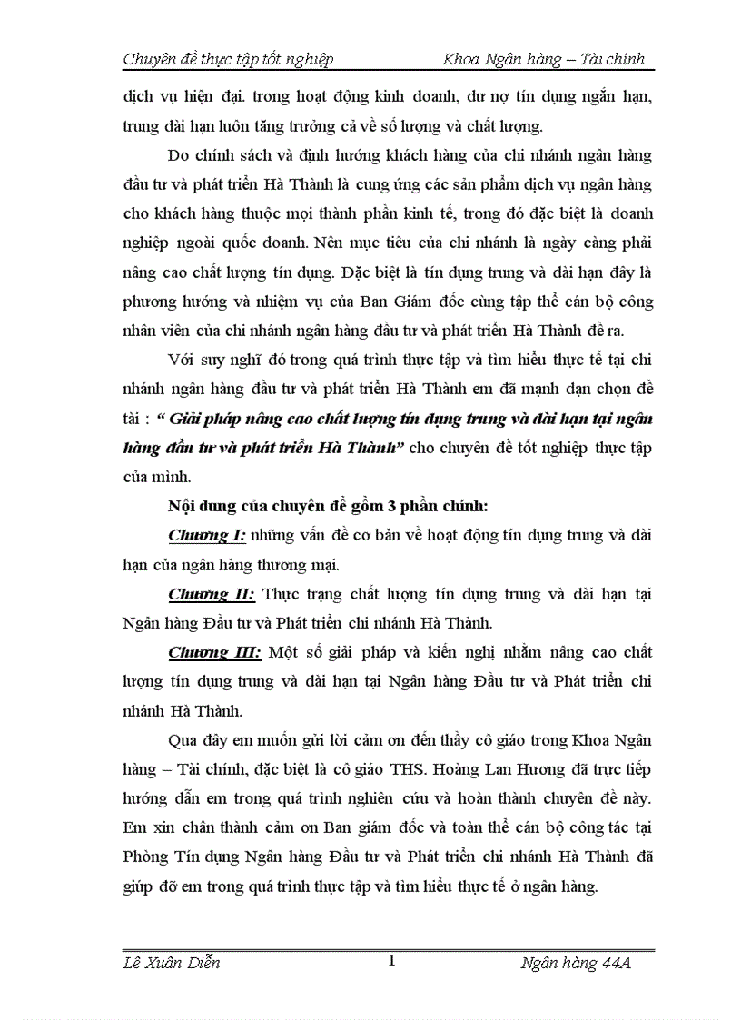 Giải pháp nâng cao chất lượng tín dụng trung và dài hạn tại ngân hàng đầu tư và phát triển Hà Thành 1