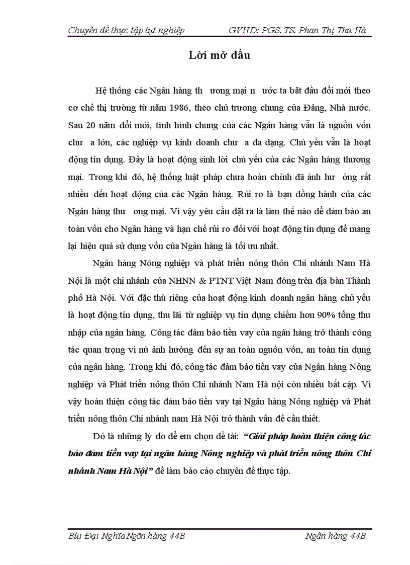 Giải pháp hoàn thiện công tác bảo đảm tiền vay tại ngân hàng Nông nghiệp và phát triển nông thôn Chi nhánh Nam Hà Nội 1