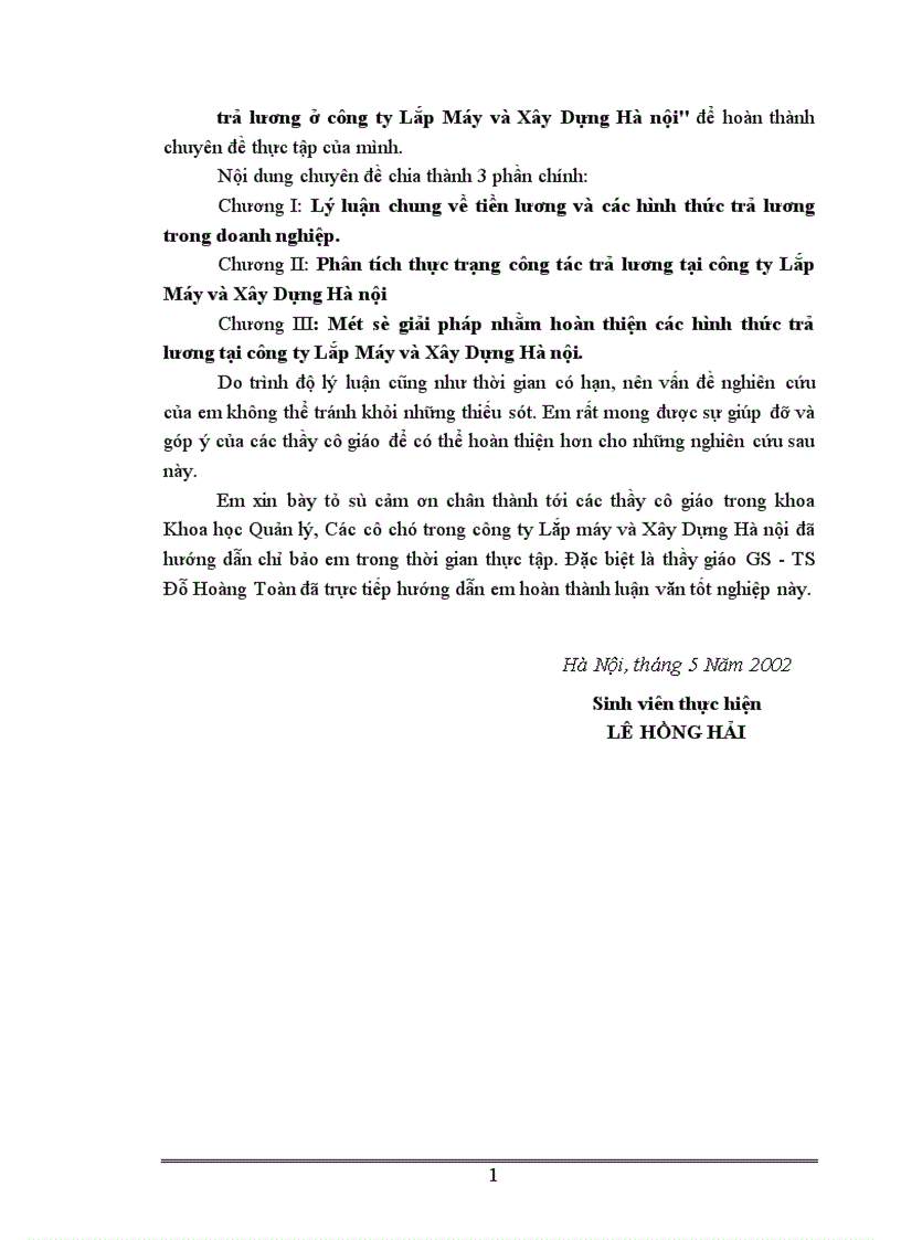 Một số giải pháp nhằm hoàn thiện các hình thức trả lương ở công ty Lắp Máy và Xây Dựng Hà nội