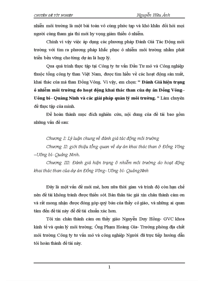 image for page Đánh Giá hiện trạng ô nhiễm môi trường do hoạt động khai thác than của dự án Đồng Vông Uông bí Quảng Ninh và các giải pháp quản lý môi trường