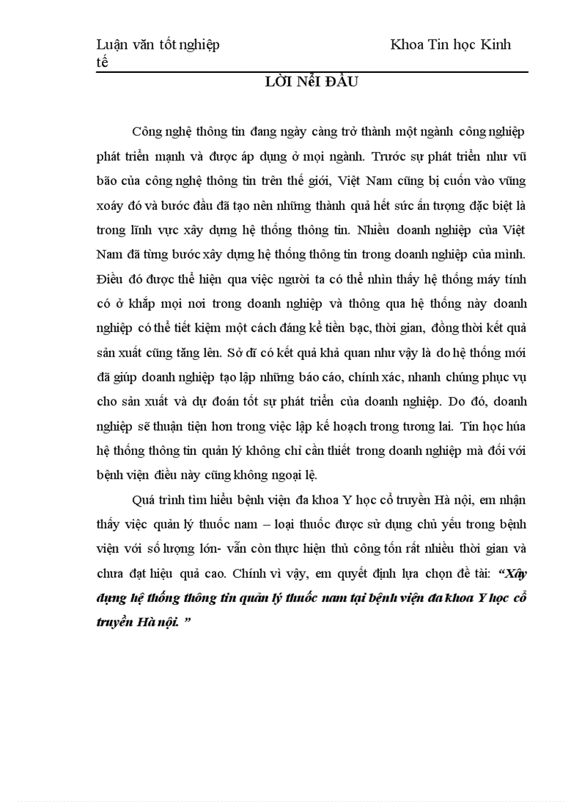 Xây dựng hệ thống thông tin quản lý thuốc nam tại bệnh viện đa khoa Y học cổ truyền Hà nội